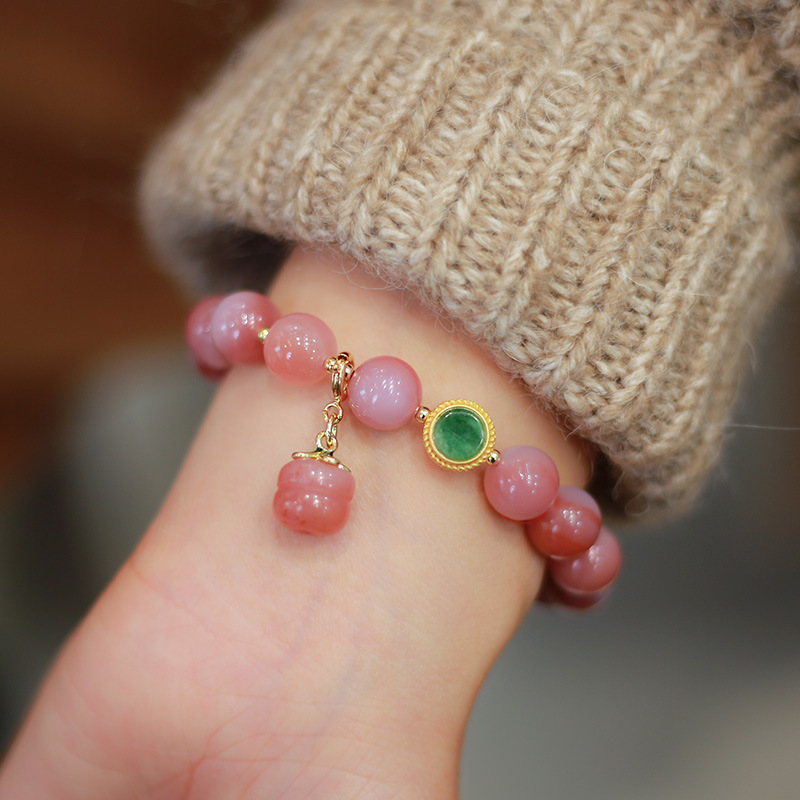 Natural pink and tender salt source agate bracelet hanging persimmon, silver gilded and inlaid with spicy green jade, ladies' gift bracelet accessory Specification image