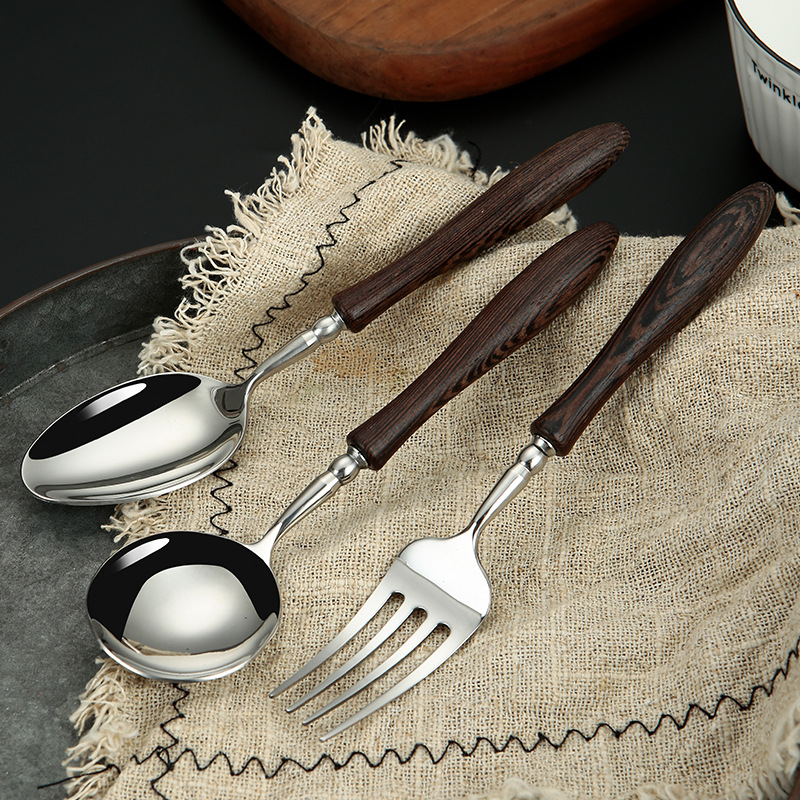 Simple and retro 304 chicken wing, wooden handle, stainless steel knife, fork and spoon Western tableware, ins style, high appearance level tableware gift set Specification image