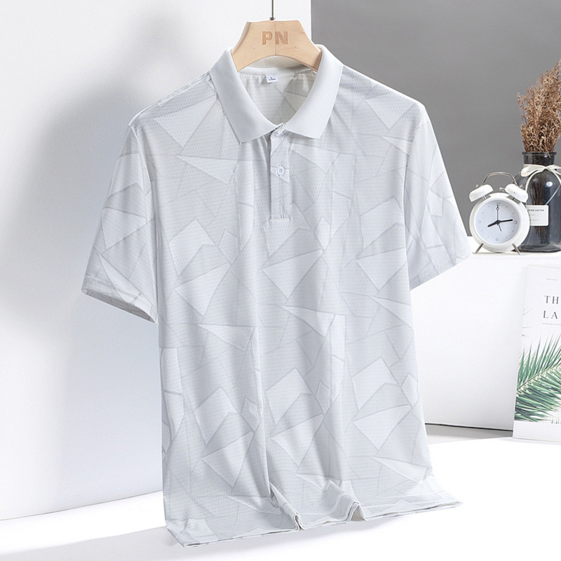Men's T-shirt, short sleeve, high-end summer wear, stand-up collar, Dad quick-drying elastic ice silk polo shirt, middle-aged men's business casual Specification image