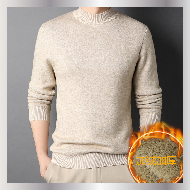 2022 New winter men's solid color fleece thickened mink one-piece fleece knitted sweater semi-high neck sweater men's wear