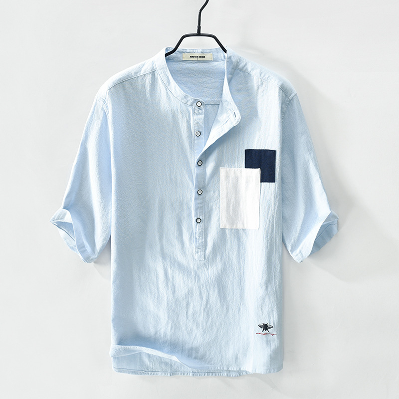 New five-quarter sleeve cotton and linen patch linen short-sleeved shirt for men, single piece consignment T2113