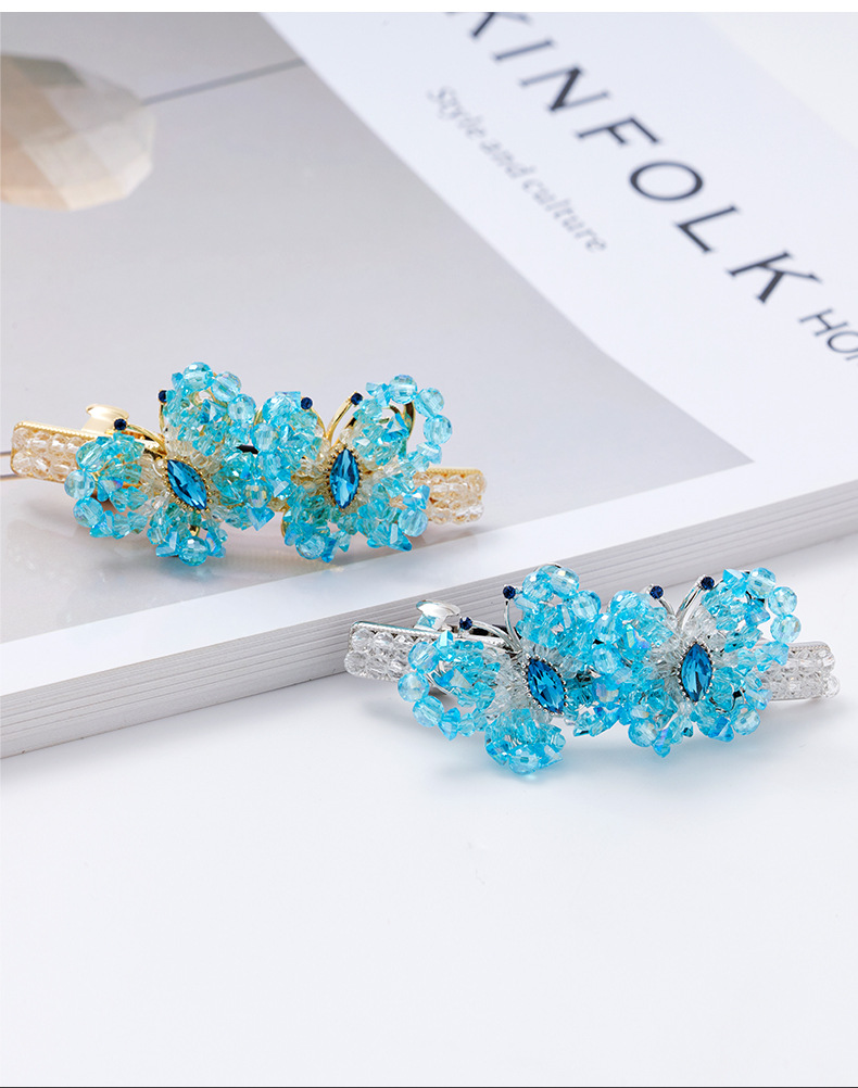 蓝水晶水晶蝴蝶手工发夹女韩国高级感精致串珠一字弹簧夹气质发饰详情7