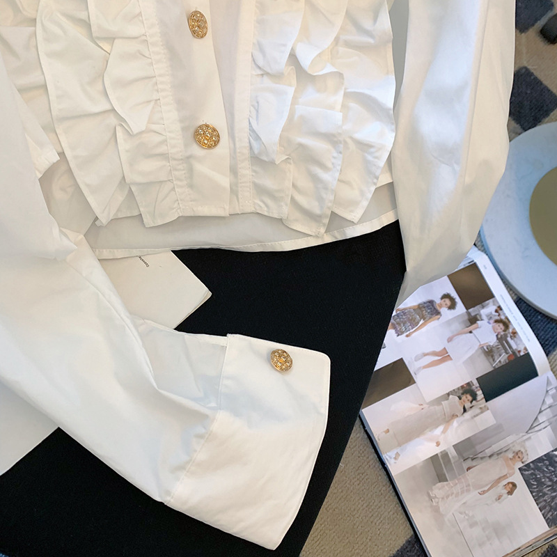 白色褶皱花边长袖衬衫女2022秋季高级感法式时尚洋气别致漂亮小衫详情图5