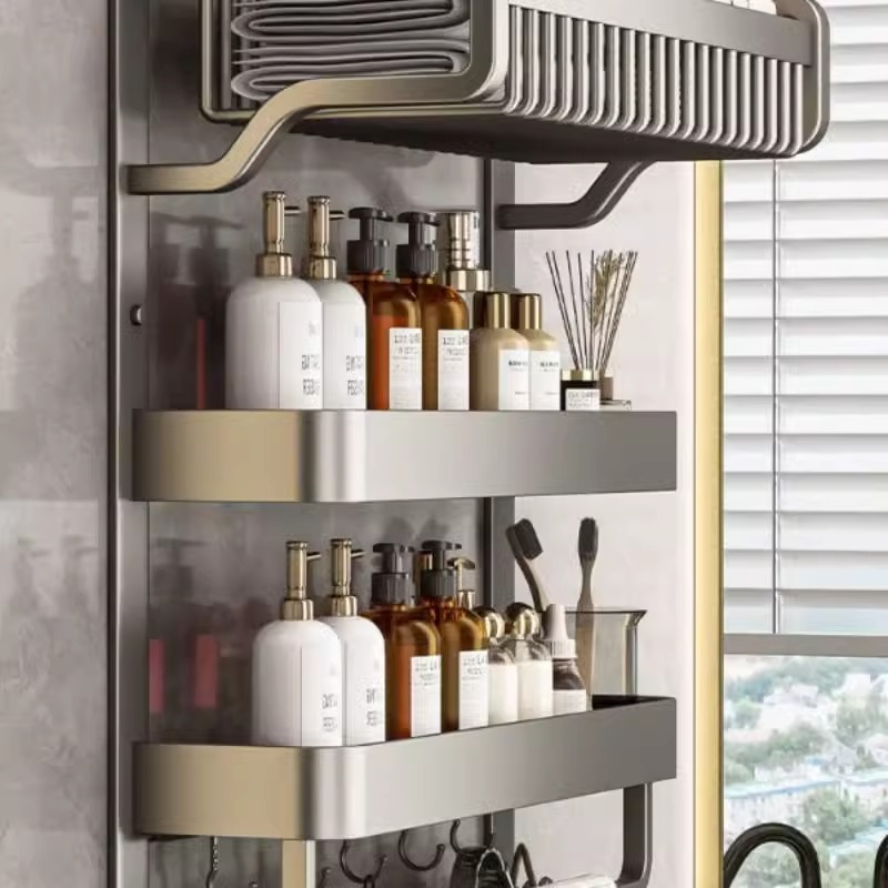 Towel rack, bathroom storage, no need for drilling, bathroom storage with pole, space aluminum thickened bath towel rack, double-layer wall-mounted details Picture