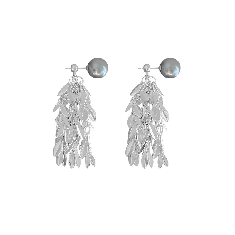 French leaf tassel grey pearl stud earrings for autumn and winter, new no-hole ear clips, high-end, fashionable and niche earrings for women Item Picture