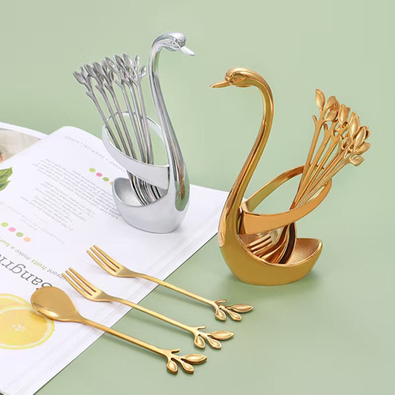 Wholesale Cross-Border Stainless Steel Wing Spoon And Fork Fruit Fork Pick Leaf Dessert Spoon Creative Swan Base Combination Set