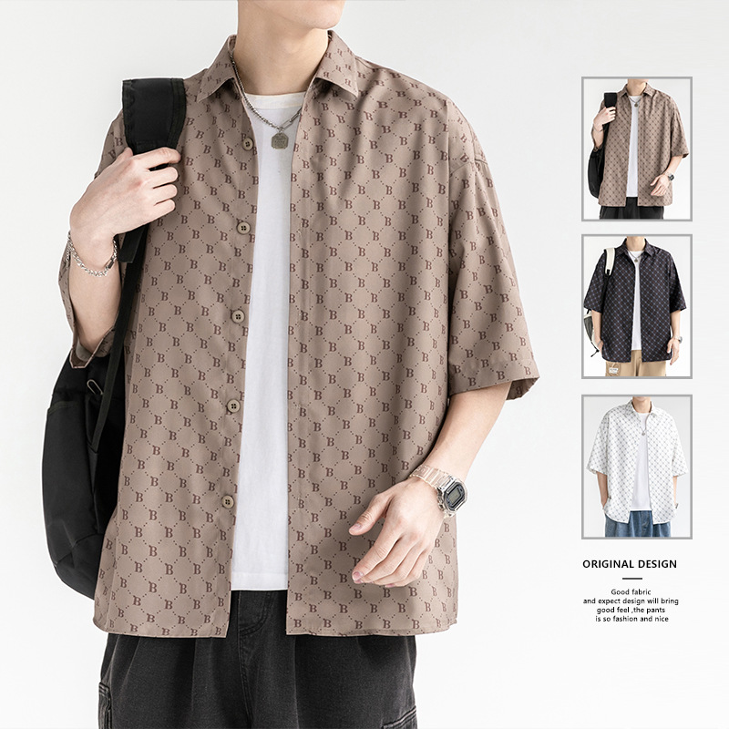 2023 Summer Hong Kong-style men's ice silk stretch shirt, trendy, fashionable, loose, casual and versatile short-sleeved top details Picture
