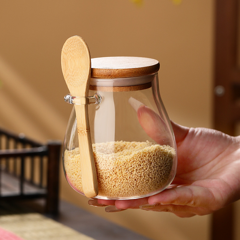 Wholesale high borosilicate glass wooden spoon storage jars, round glass seasoning jars, transparent candy and food storage sealed jars Specification image