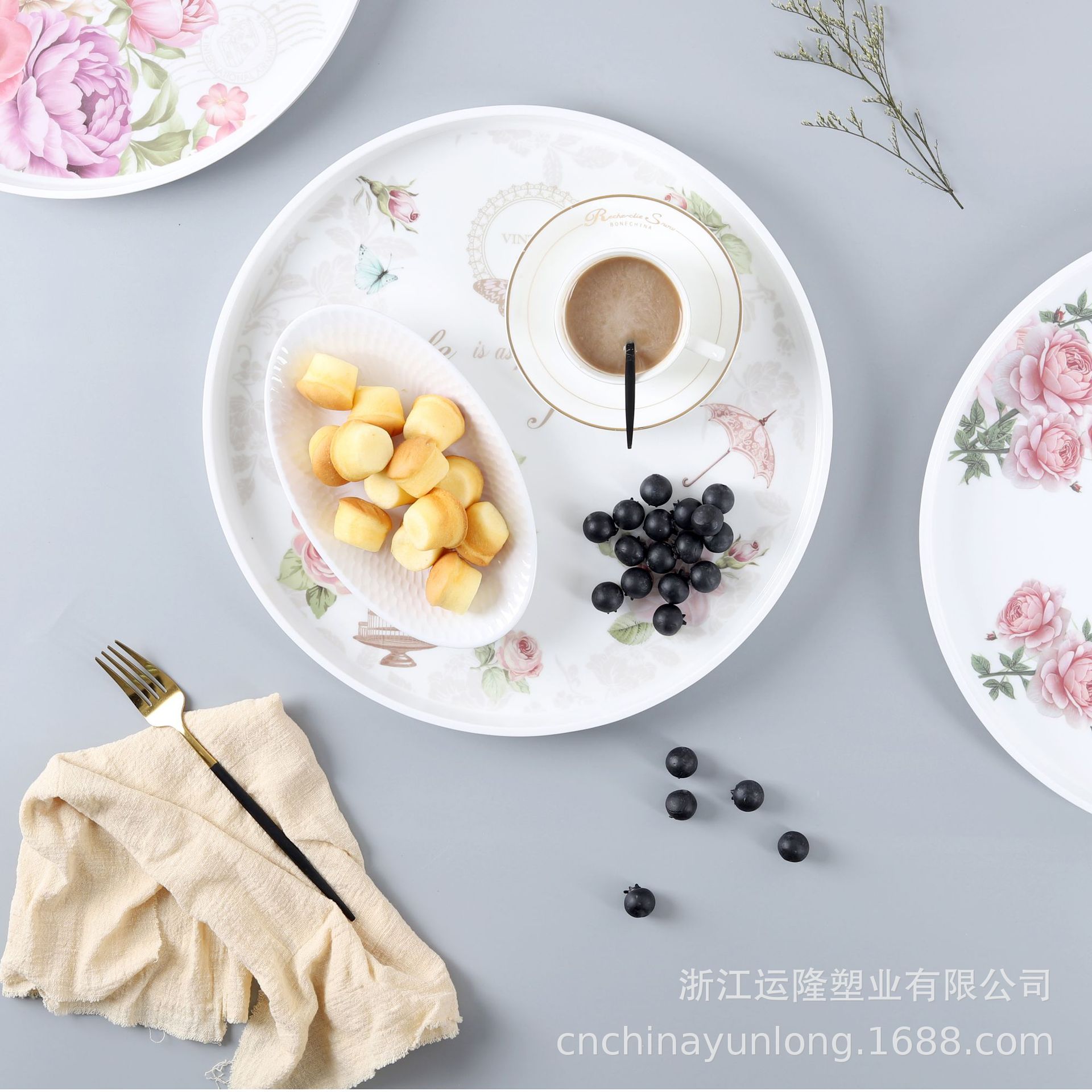 Yunlong home European type melamine round tray home living room fruit tray Creative tea cup tea tray water cupcake plate details Picture