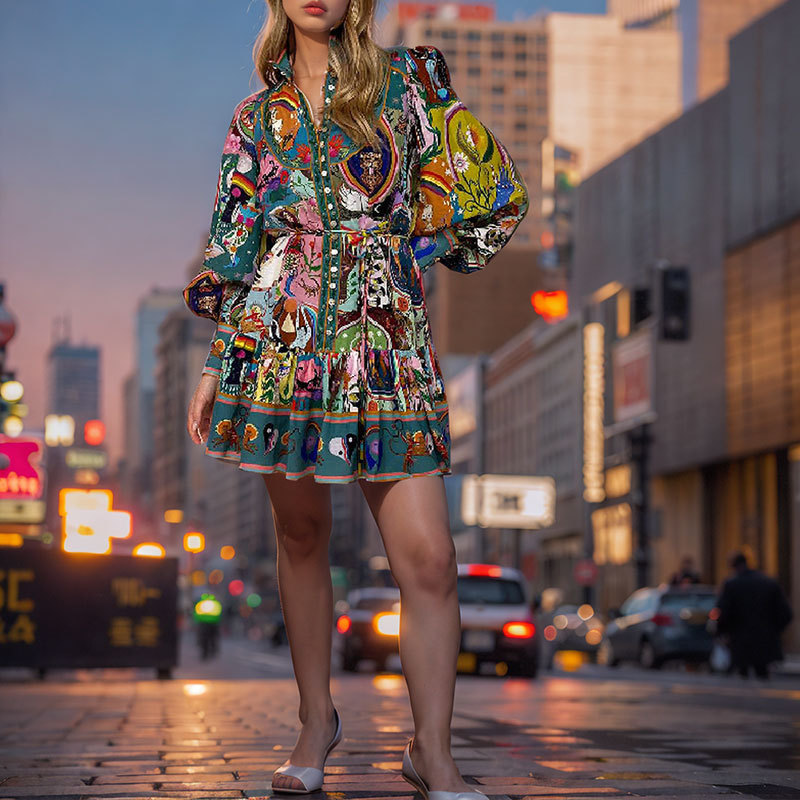 2025 Cross-border European and American women's clothing printed round neck, cinched waist, lace-up, pleated ruffled, retro pleated European and American dress details Picture