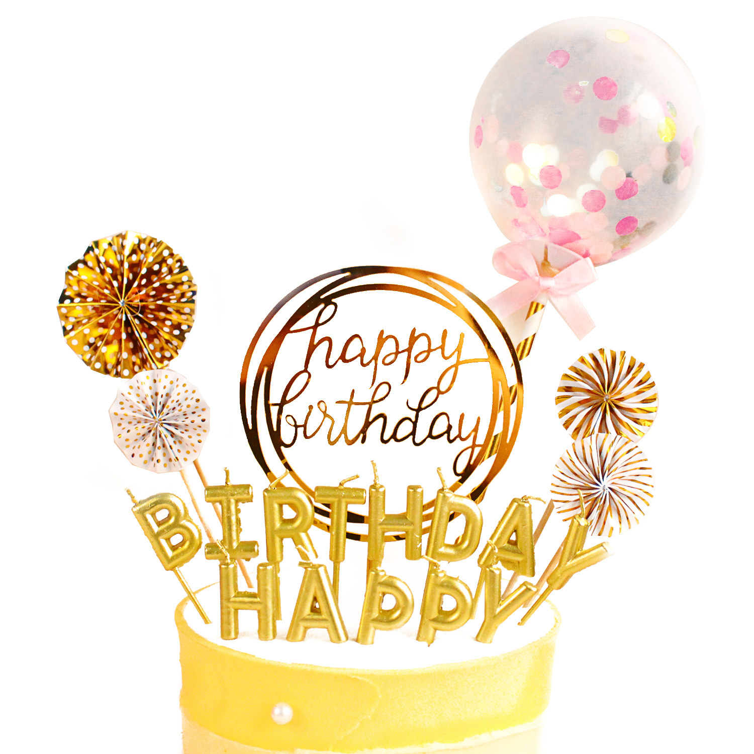 亚马逊 烘焙蛋糕装饰套装 生日蜡烛纸扇气球生日快乐插件插牌套装详情图5