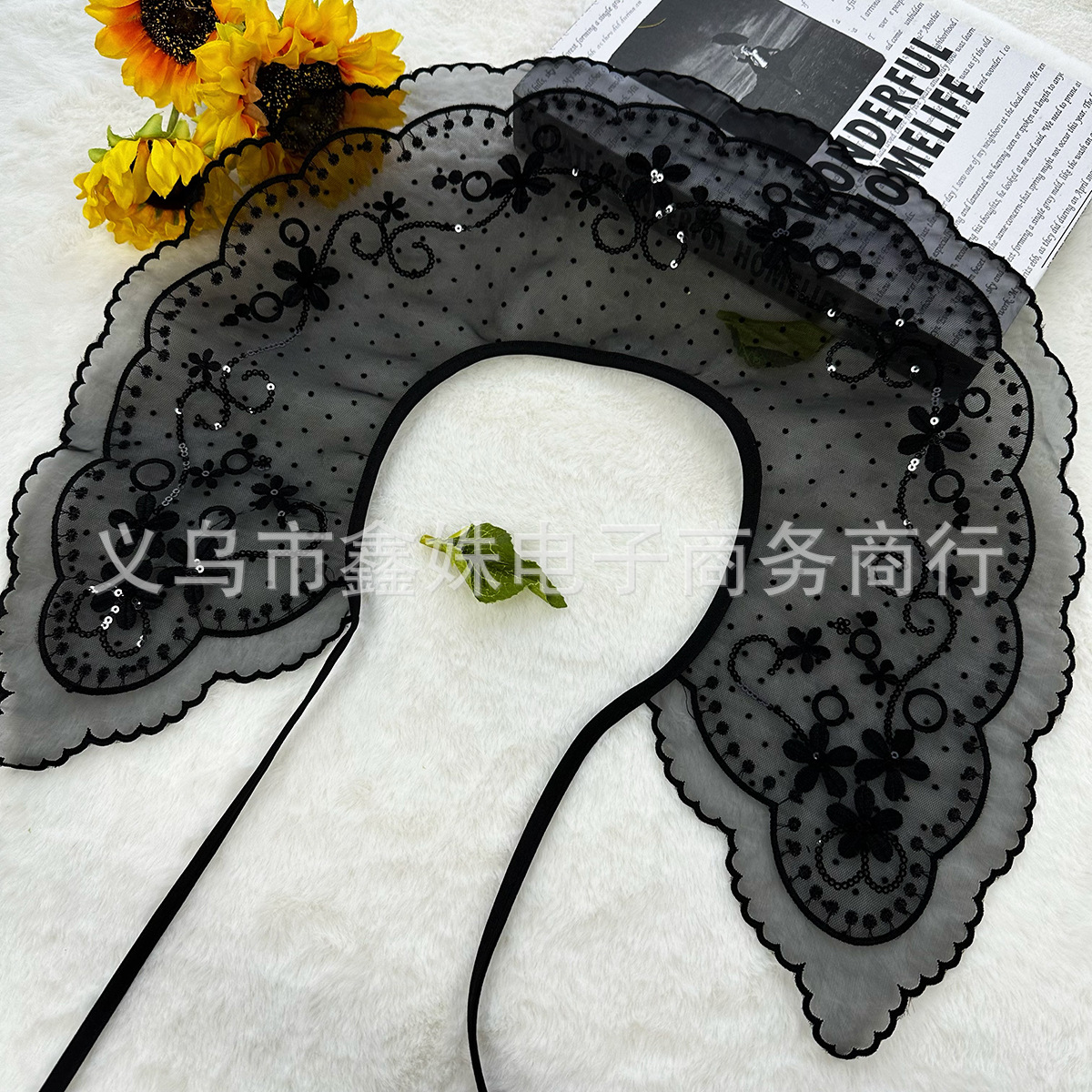 Black and white embroidered women's clothing with versatile collars and accessories