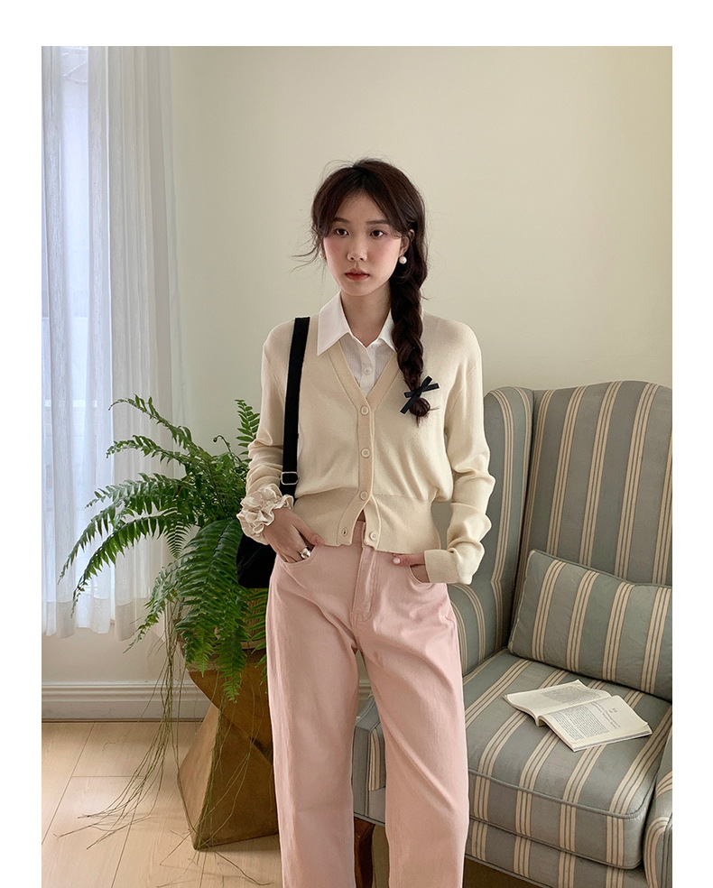 【jisoo风假两件】歌铭韩版POLO领针织开衫女2025秋季上衣X8207F详情23