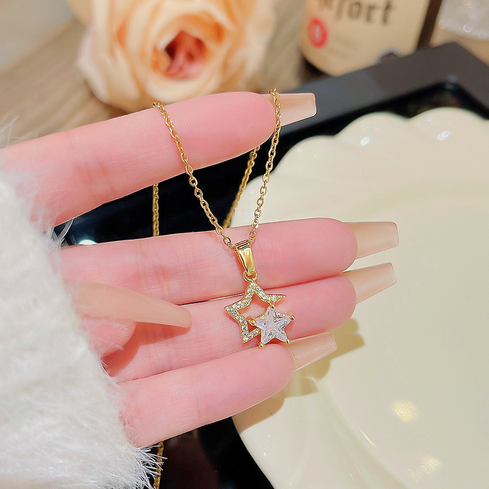 Temperament Pentacle Necklace Light Luxury Minority Zircon Pendant Fashion All-Match Titanium Steel Clavicle Chain Senior Sense Accessories Women Specification drawing