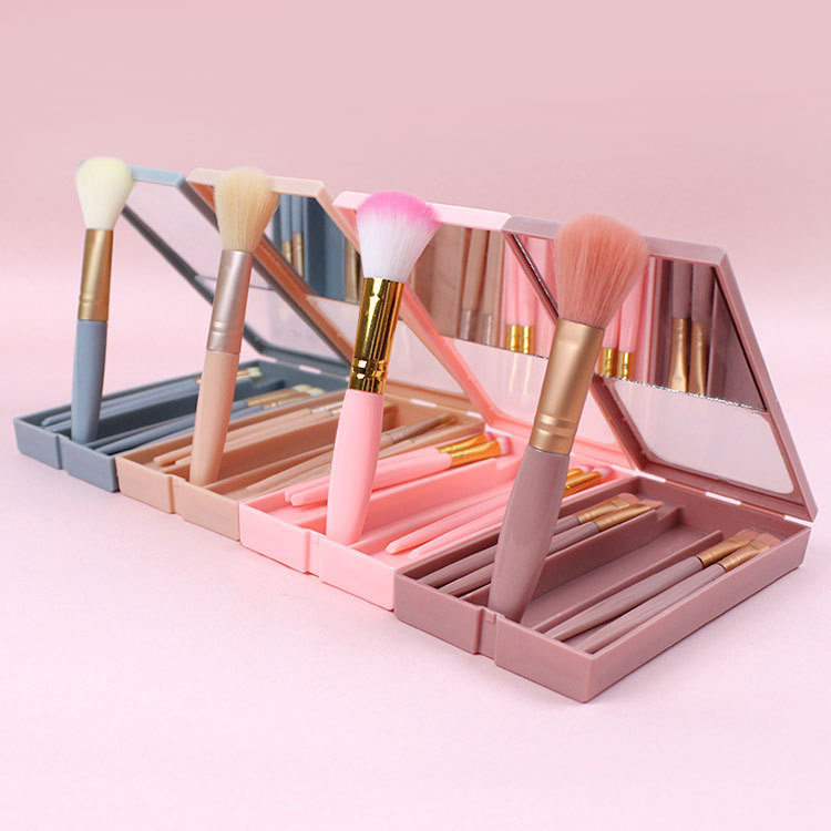 New skylight 5-piece mirror box mini portable loose powder multi-functional makeup set brush with mirror beauty set brush, eyeshadow brush, loose powder brush, foundation brush and setting brush