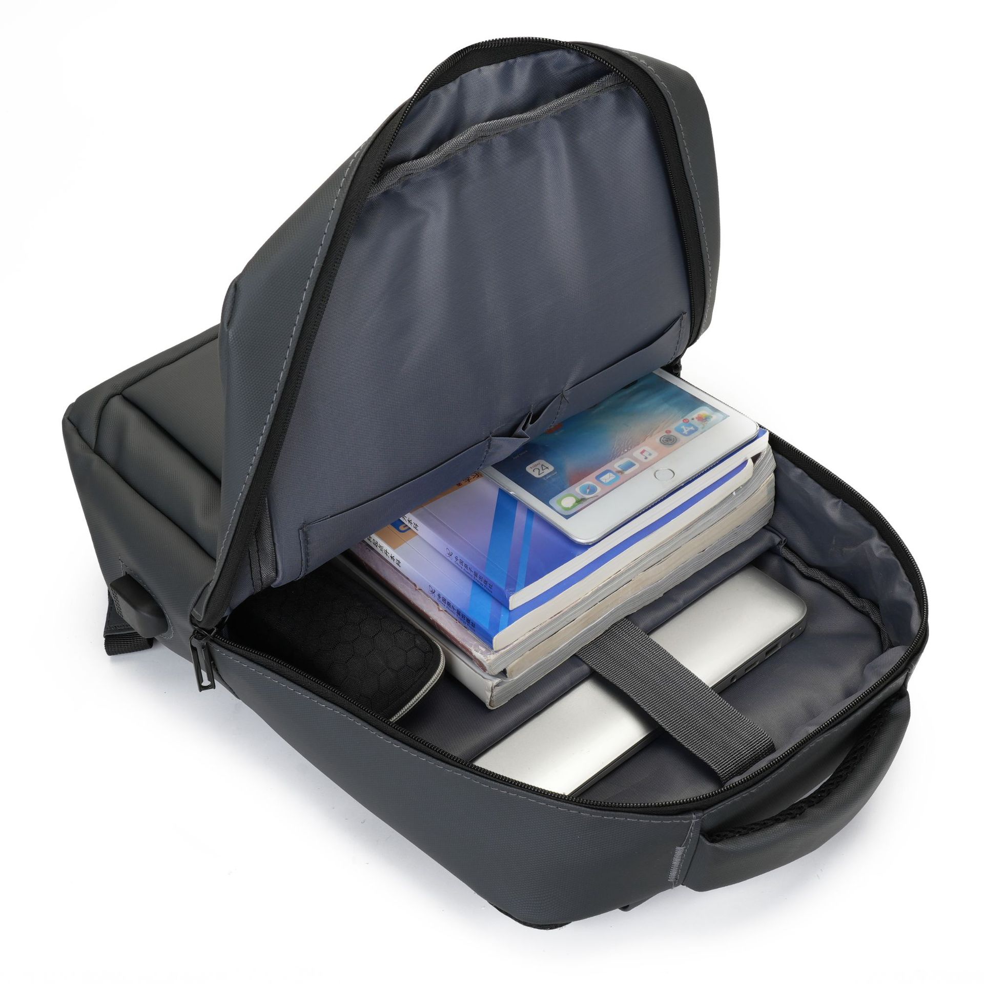 Cross-Border Large Capacity Men's Business Computer Bag Oil Film Leather Commuting Simple Solid Color School Bag Can Print Backpack Specification drawing