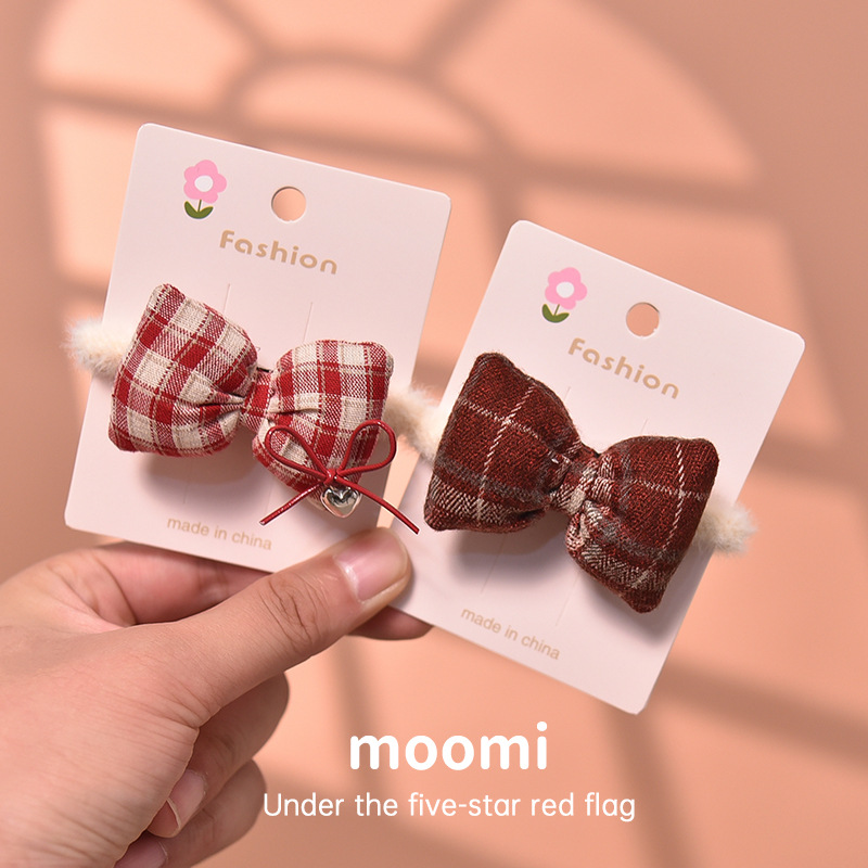 复古格子蝴蝶结一字夹侧边夹女童国潮发饰大发圈小学生头饰品批发