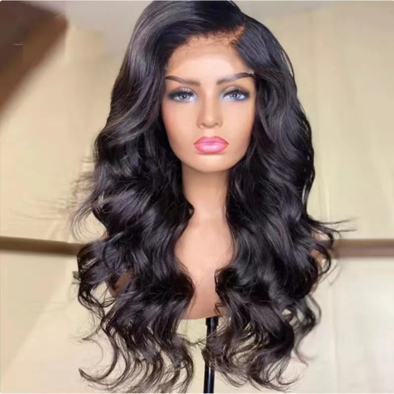 Factory direct sales of high-temperature synthetic fiber silk front lace wig, black large wavy long curly hair middle part wig