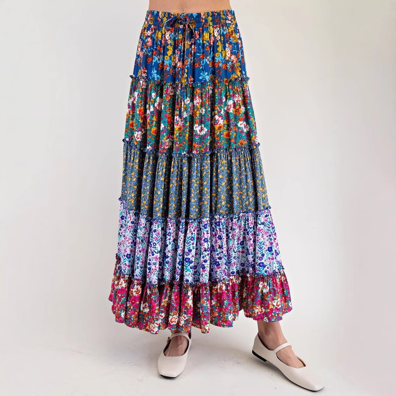 Amazon Spring/Summer 25 new cross-border European and American women's clothing print tie elastic waist half skirt, large skirt hem long skirt for women details Picture
