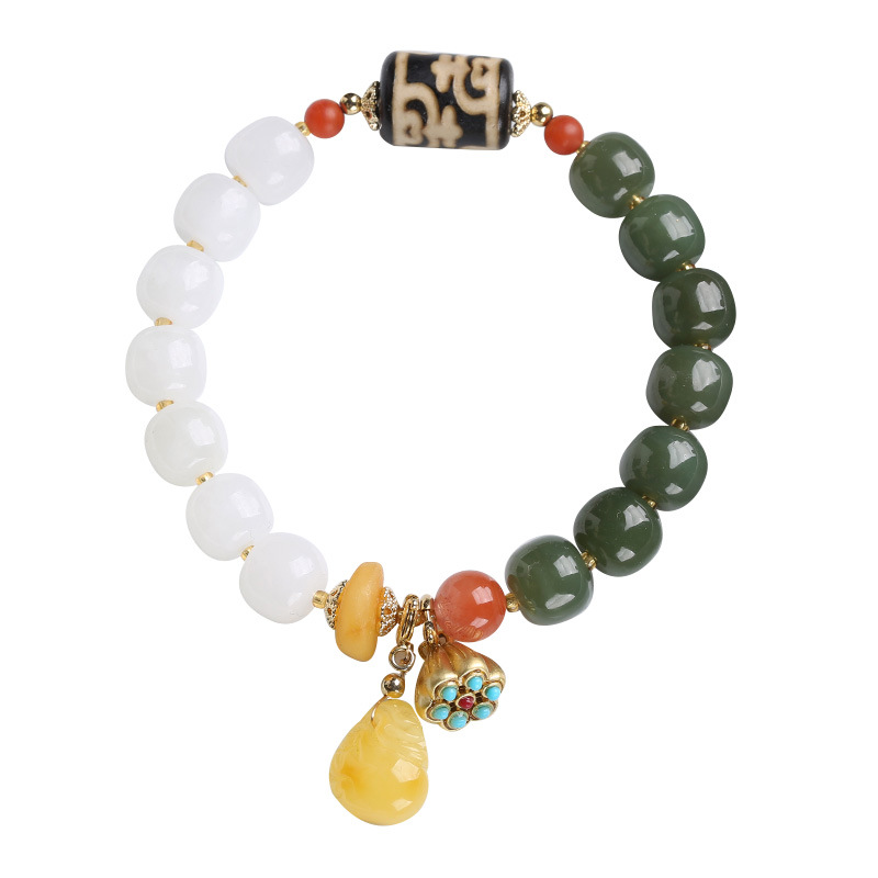 ويمزج الكيس الطبيعي والسواري المزدوج من المال برسوارات اللوتس الملونة مع سوار العقيق Item Picture