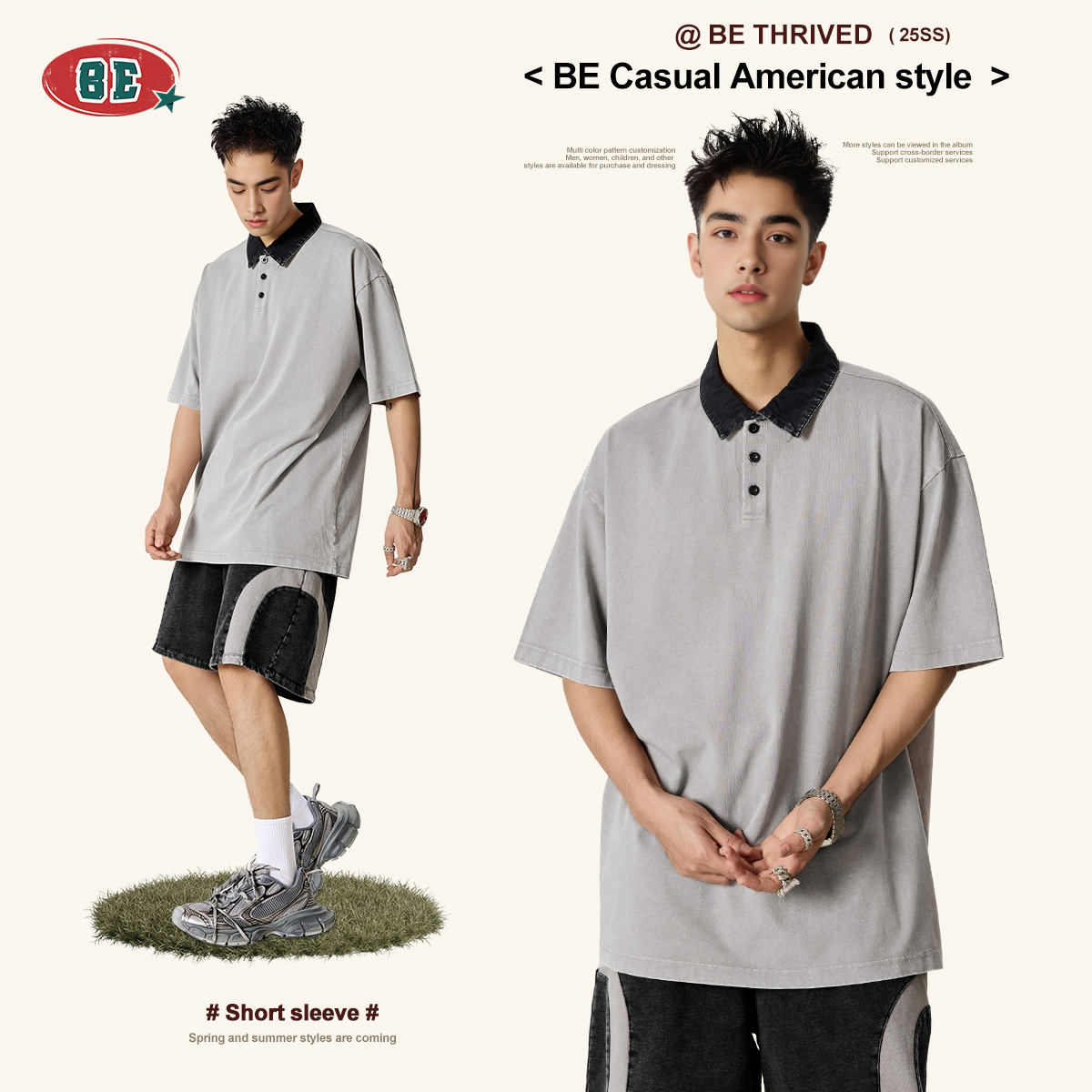 BE Men's Wear 2025 Summer American retro high-end POLO shirt Men's T-shirt Loose color contrasting lapel short-sleeved men Application Scenario