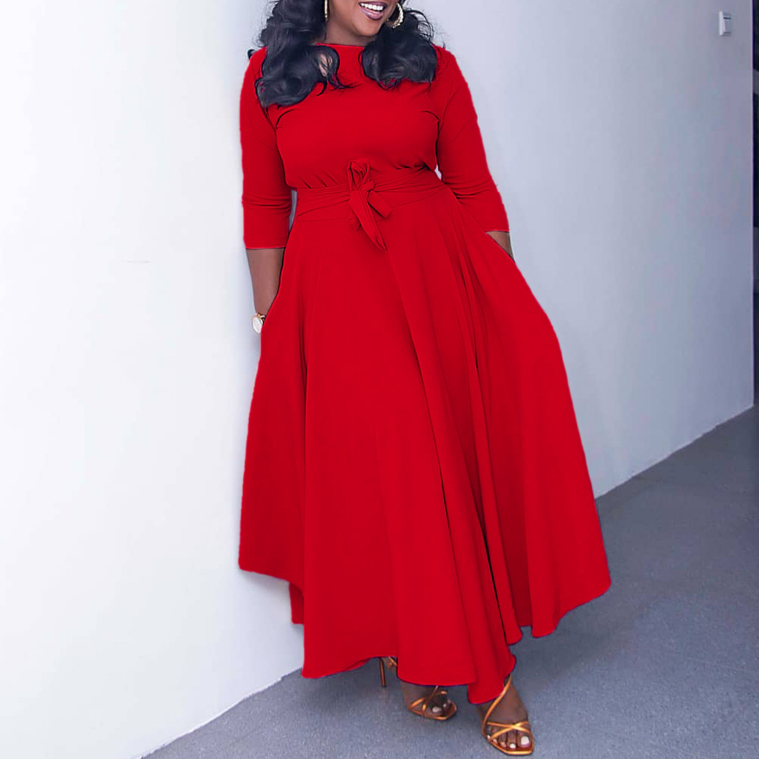 Q099 Cross-border Women's Clothing 2023 Autumn/Winter New Fashionable and elegant lace-up African plus-size MIDI dress for export Specification image