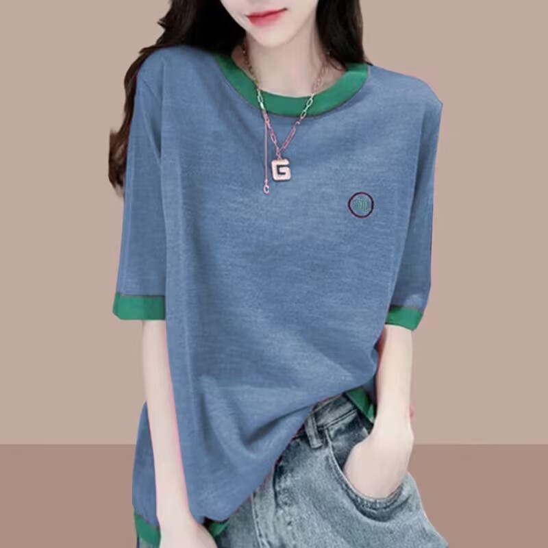 Short-sleeved bambus-joint cotton T-shirt for women, Spring/Summer 2025 new style, thin, large-sized, loose and casual, spliced half-sleeved top for women Specification image
