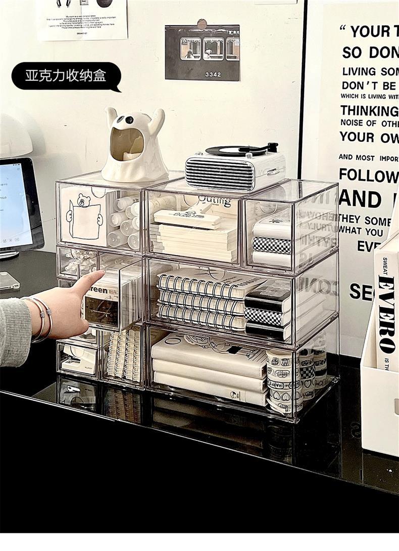 桌面抽屉式收纳盒透明亚克力文具杂物盒办公桌化妆品面膜置物架柜详情13
