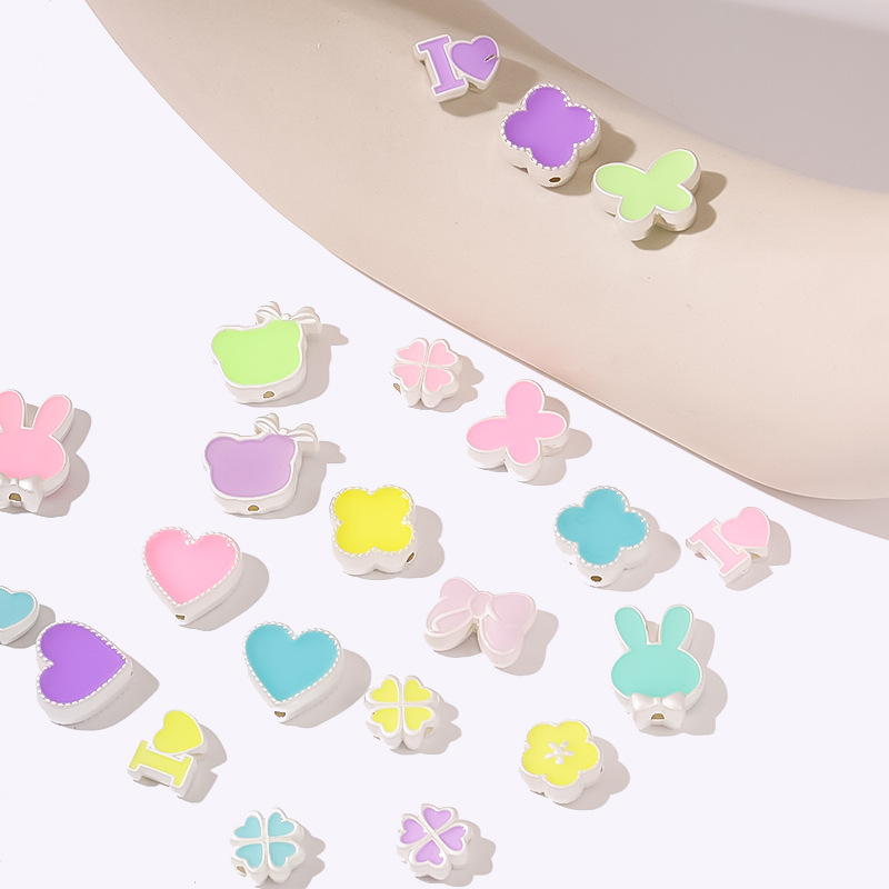 Combination series alloy double-sided oil-dripping rabbit head, little bear beaded, heart-shaped scattered beads DIY bracelet keychain accessories details Picture