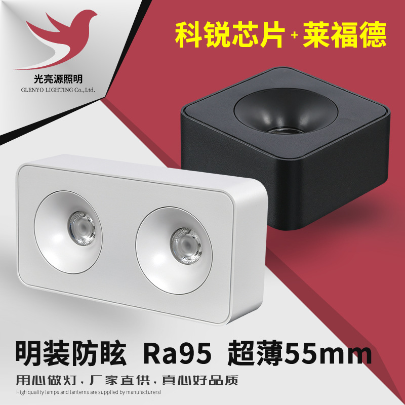 Square surface mounted downlight COB anti-glare led spotlight living room household ceiling aisle light free hole double head bladder light