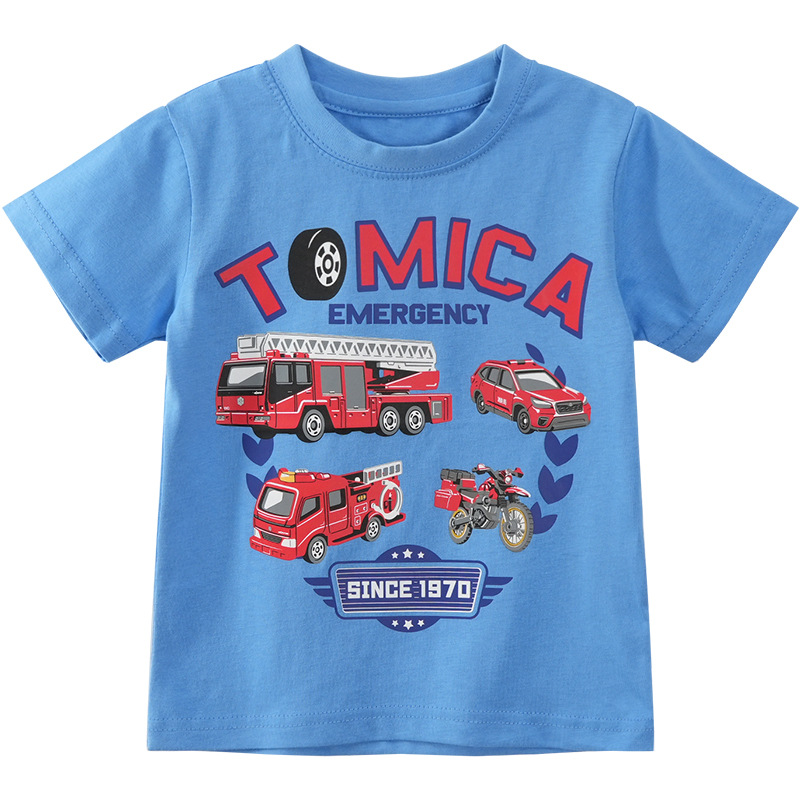 Japanese-style summer T-shirts for boys, pure cotton baby boy cartoon car pattern short-sleeved shirts, half-sleeved tops, thin children's clothing Item Picture