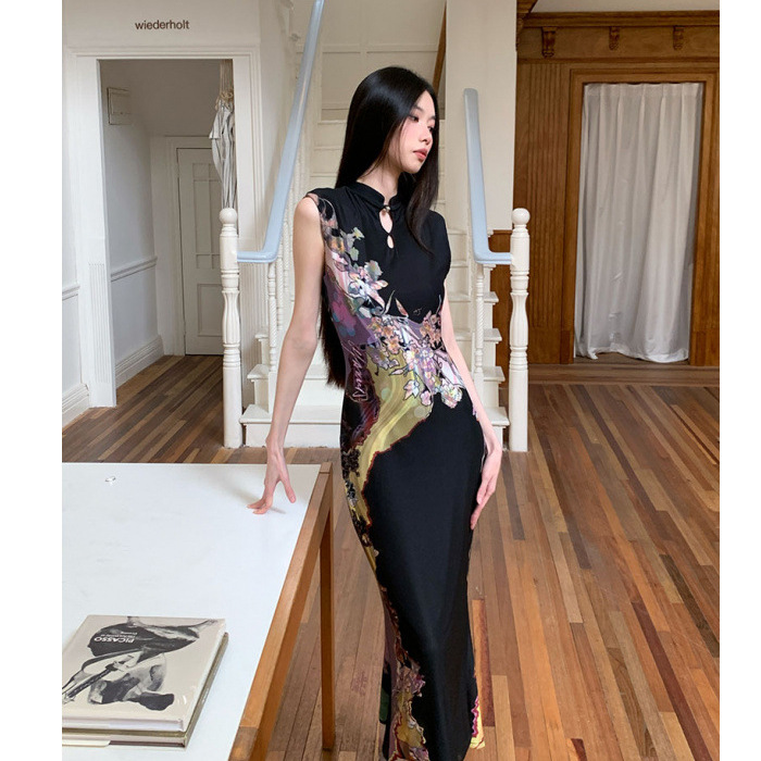 现货新中式前后两穿撞色旗袍连衣裙女印花鱼尾背心裙