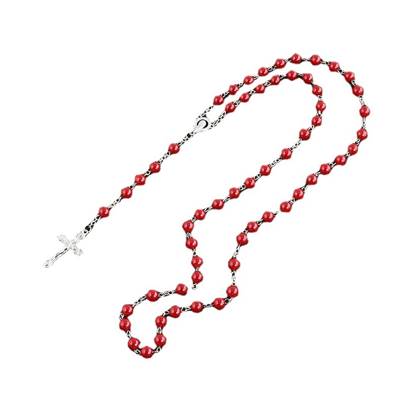 Cross-border European and American imitation pearl cross rosine long handmade necklace, unisplendour textured tassel sweater chain, 59 pieces religious necklace Item Picture