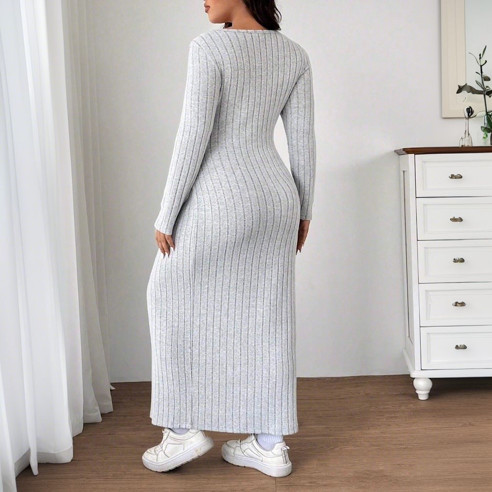 Aliexpress Foreign Trade 2024 Autumn/Winter new plate-size women's simple and casual dress, slim slit midlength dress details Picture