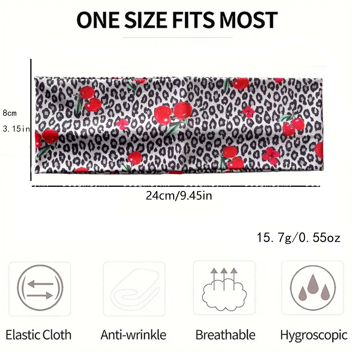 The new cherry-printed hair band from Europe and America is fashionable, sweet and cool. It features a fruit-patterned hair accessory with wide edges and a flat elastic band for women Item Picture