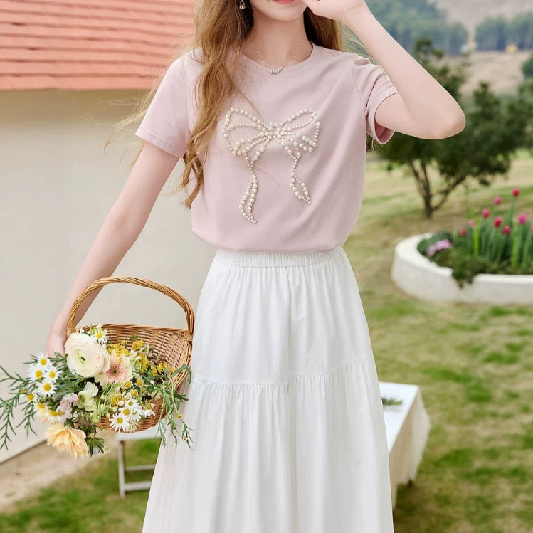 2026 Summer New round neck, shoulder, thin and short top, bow and beaded T-shirt, women's short-sleeved T96S479B details Picture