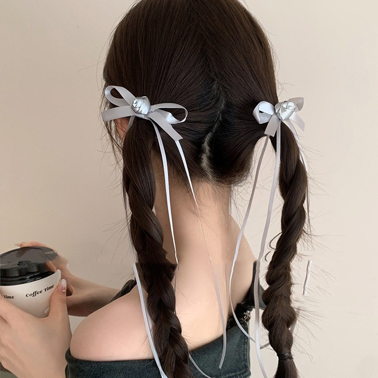 芭蕾风银色花朵蝴蝶结飘带发夹女后脑勺双马尾编发头饰小夹子发饰