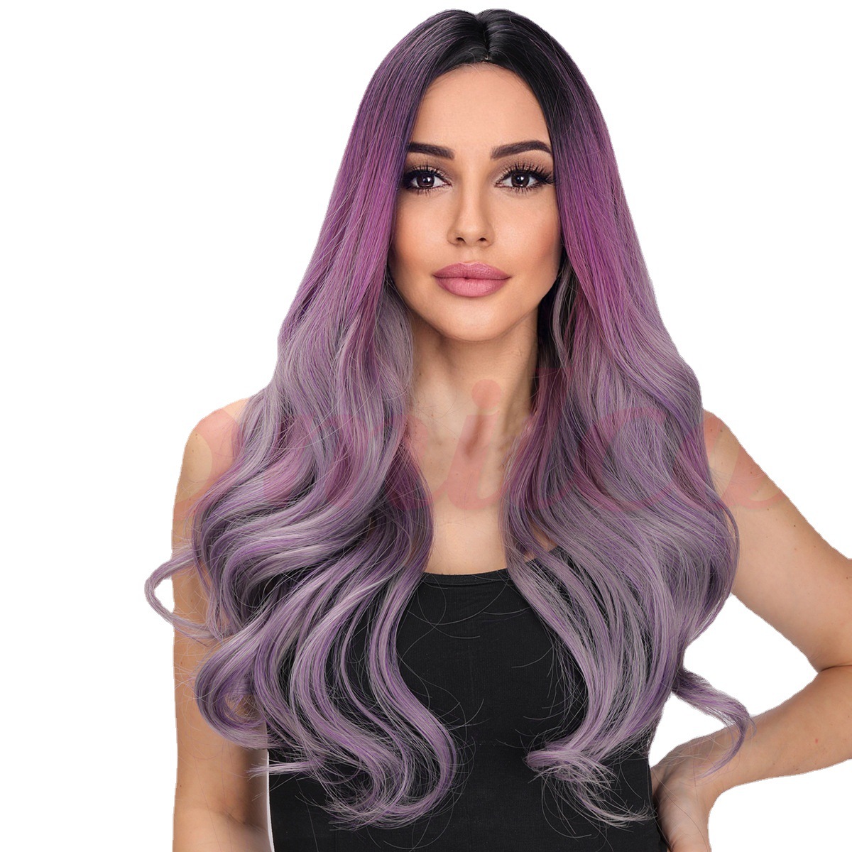 Peluca mujer europa y américa fibra química onda púrpura cabeza completa cubierta exportación peluca wig largo cabello rizado nivel de exportación al por mayor Item Picture