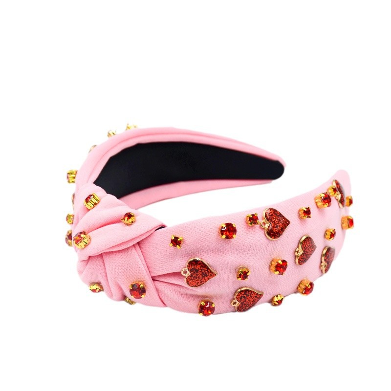 Qiwei Accessories' exclusive new fashionable cross-border Valentine's Day hair band from Europe and America, fabric, fashionable knot, diamond-encrusted, glitter, heart-shaped accessory for women Item Picture