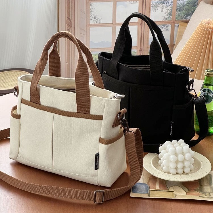 原创自制文艺多功能加厚帆布手提斜挎托特学生通勤休闲便携帆布包