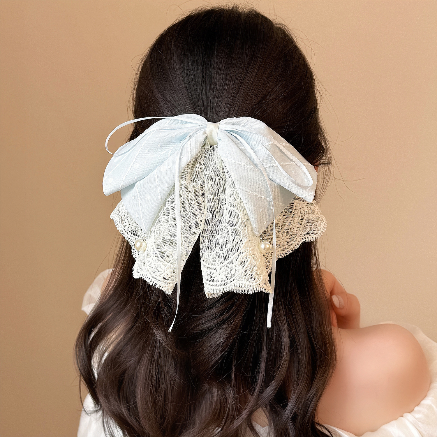 清新网纱蕾丝蝴蝶结珍珠发夹超仙波点条纹雪纺马尾夹高颜值抓夹女