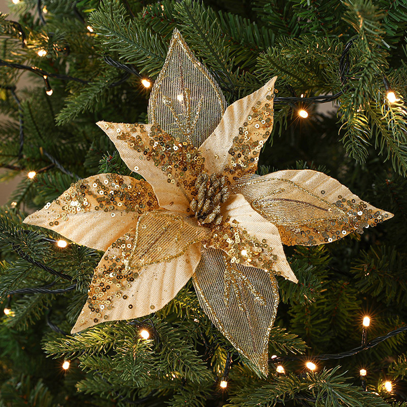 New Christmas items: Christmas tree pendant, golden glitter sequins, handcrafted mesh, simulated Christmas flower DIY decoration