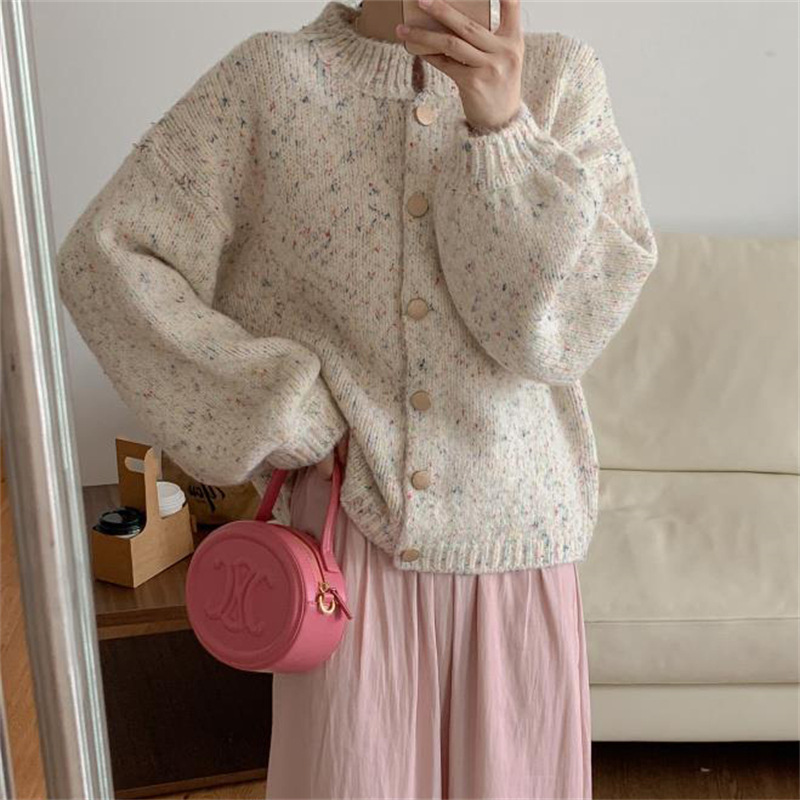 Korean-style women's wear with a mixed-color yarn knitted sweater worn over the 2023 autumn/winter new lantern-sleeved cardigan is trendy for women Specification image