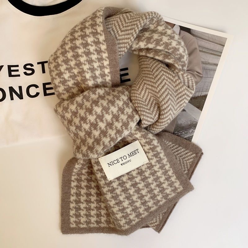 Cross-Border Thousand Bird Lattice Knitted Scarf Female Winter Warm Windproof Scarf Korean Version Of Fashion Letters Students All Match Specification drawing