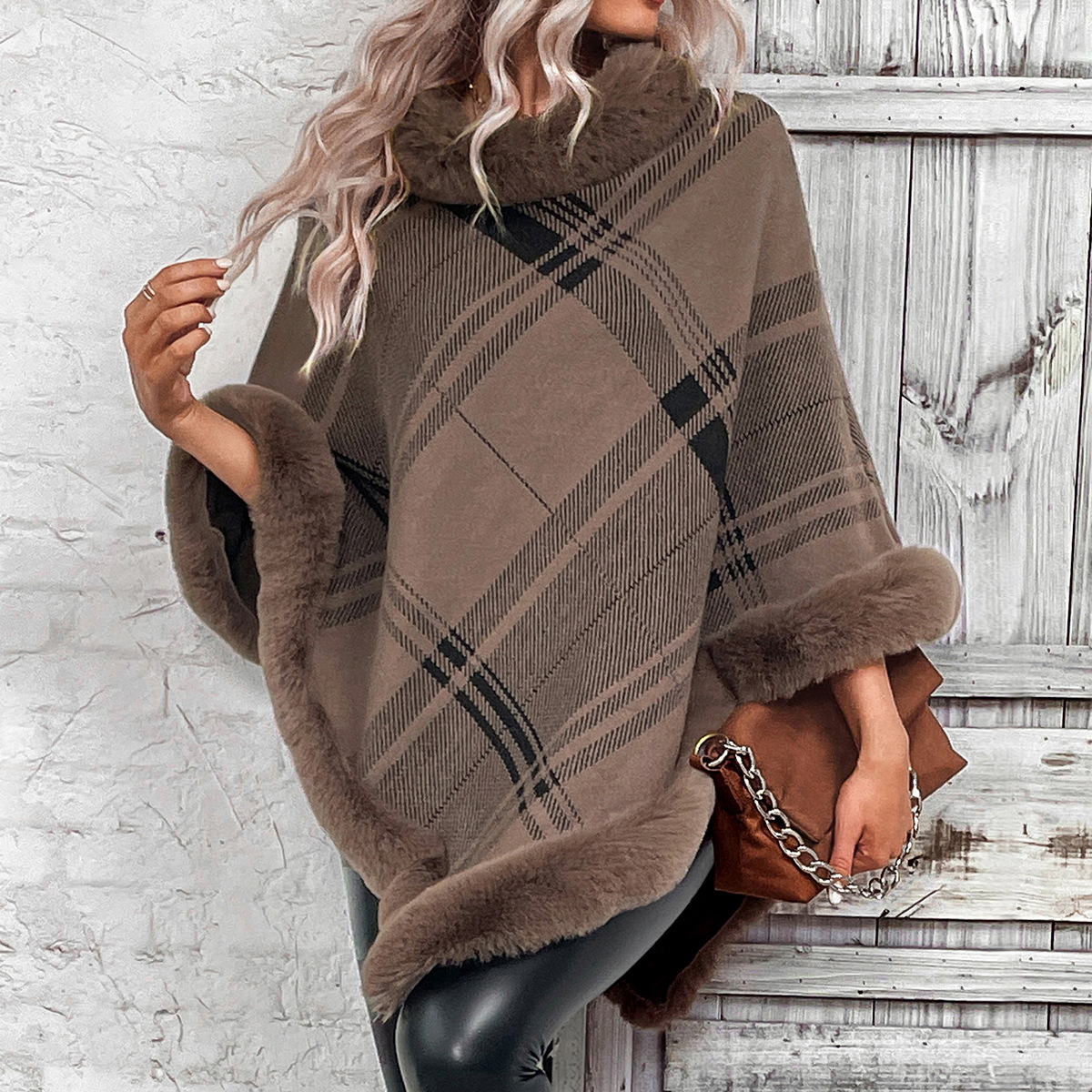 Europe And The United States Autumn And Winter New Knitwear 2023 Amazon Cross-Border Ins Fur Collar Plaid Cape Cape Cardigan Wool