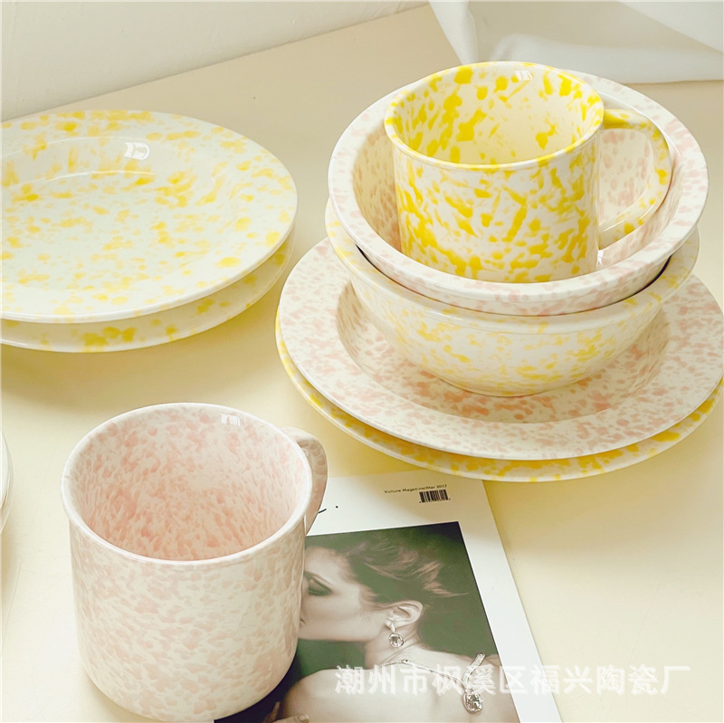 喷点仿搪瓷复古陶瓷餐具西餐盘麦片碗马克杯ins风同款清新早餐盘