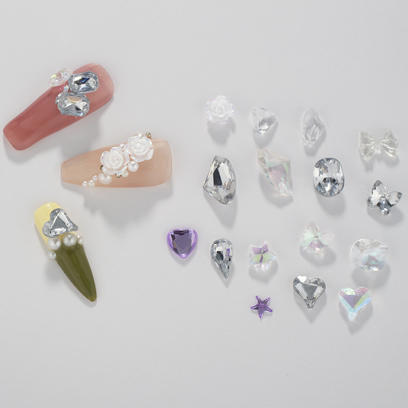 Acrylic nail art accessories, pointed-bottom axe, tilted heart, butterfly, egg-shaped diamond mixed combination, nail small accessories, pasted diamonds Item Picture