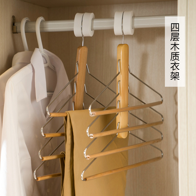 多层实木衣裤架多功能收纳衣撑木制四层裤架本色清漆衣柜衬衫挂架一件代发可批发可零售