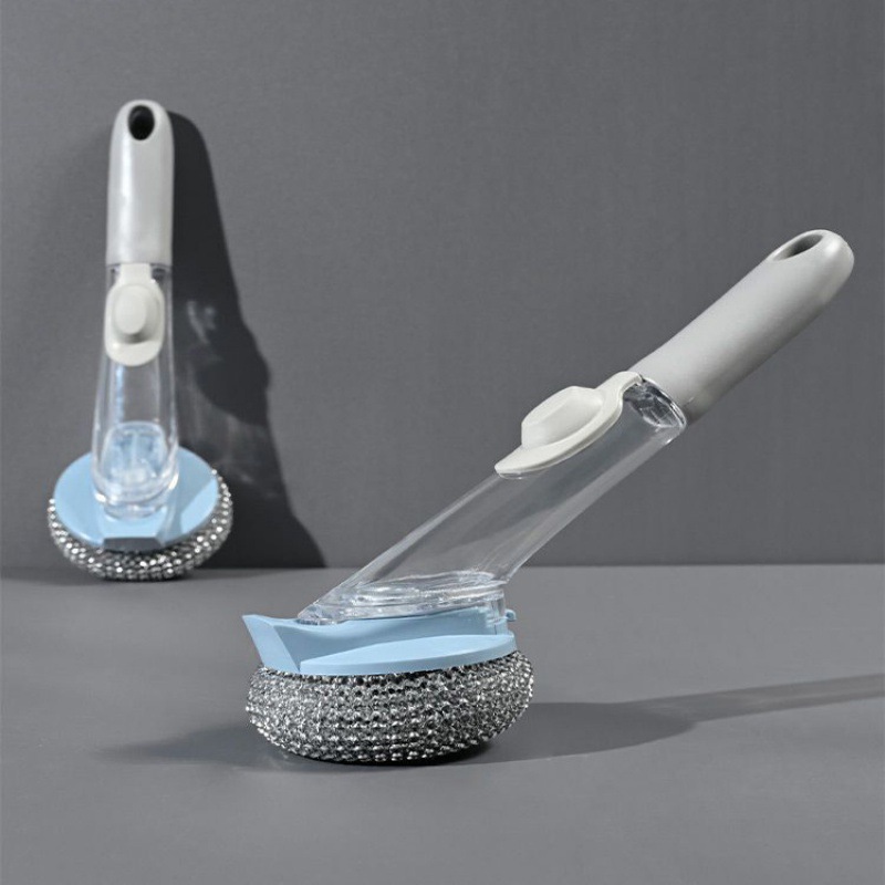 Long-handled, liquid-added pot washing brush with steel wool ball, a household kitchen dishwashing wonder that won't shed threads, sink and stove cleaning brush details Picture