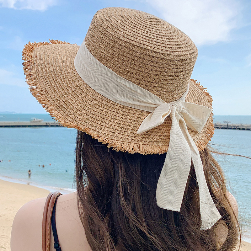 Hat Spring Summer Women Fashion Straw Hat Seaside Holiday Beach Hat Flat Ribbon Bow Sun Hat Wholesale details Picture